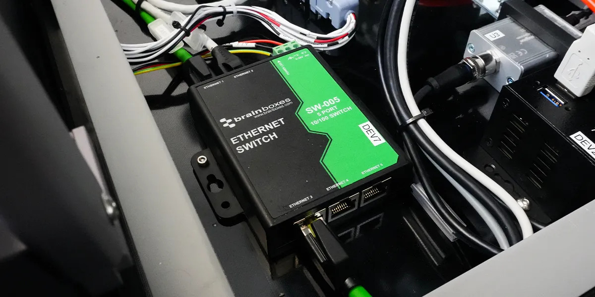 Ethernet switch inside ICT fixture.
