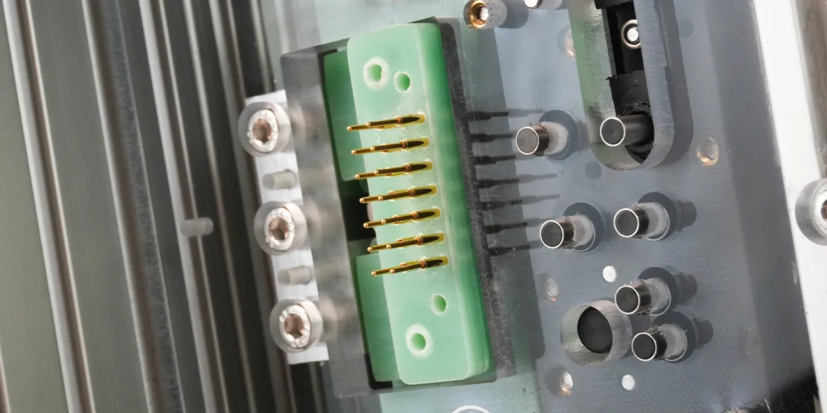 Close up of pins on Functional Test Fixture 13