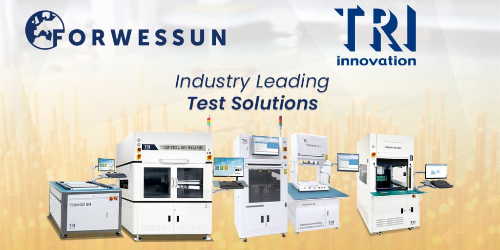 A promotional banner featuring Forwessun and TRI branding above a row of advanced automated test systems. The machines, including models like TR8100 SII, TR8100L SII Inline, TR5000T SII, and TR5000T SII GO, are displayed against a soft gradient background with golden vertical lines resembling circuit traces. The central headline reads “Industry Leading Test Solutions.”